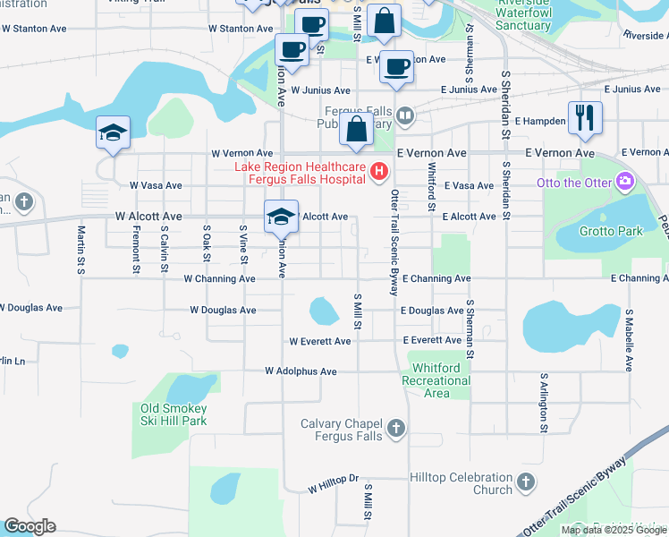 map of restaurants, bars, coffee shops, grocery stores, and more near 113 West Bancroft Avenue in Fergus Falls