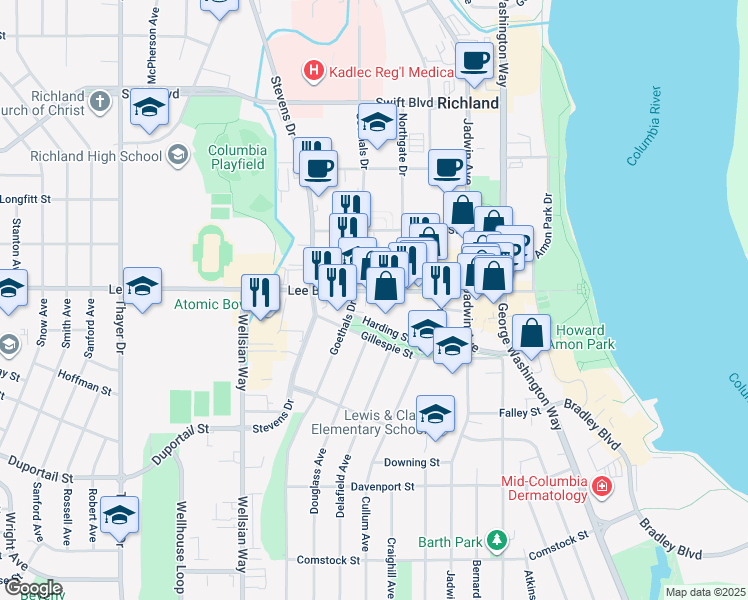 map of restaurants, bars, coffee shops, grocery stores, and more near 700-740 Goethals Drive in Richland