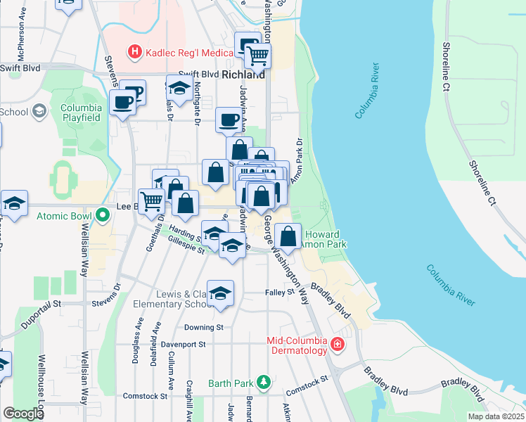 map of restaurants, bars, coffee shops, grocery stores, and more near 513 Lee Boulevard in Richland