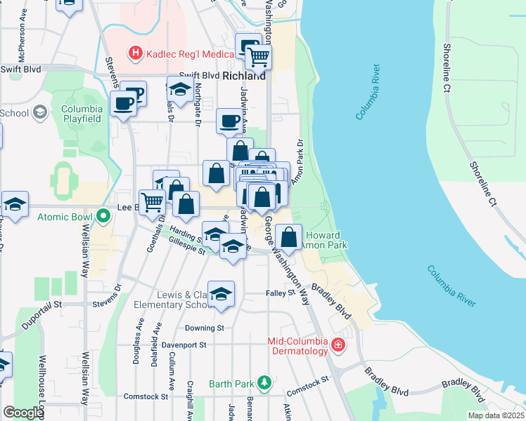 map of restaurants, bars, coffee shops, grocery stores, and more near 513 Lee Boulevard in Richland