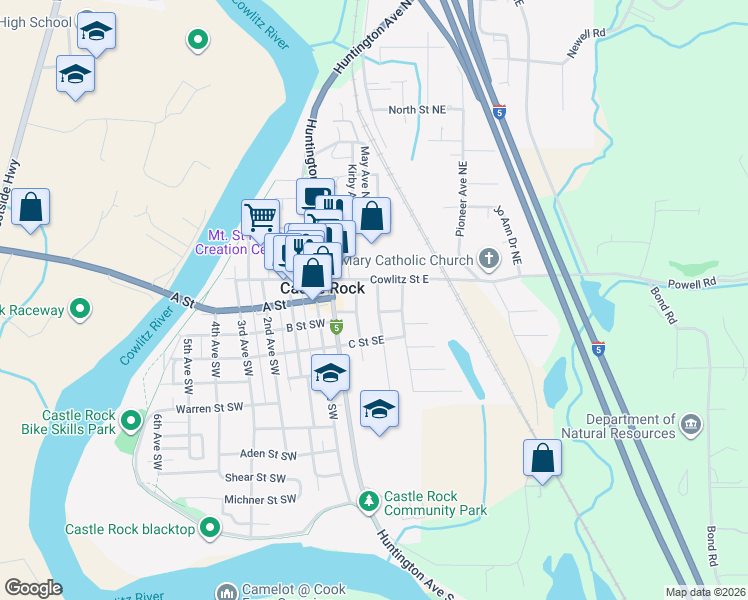 map of restaurants, bars, coffee shops, grocery stores, and more near 203 Roake Avenue Southeast in Castle Rock