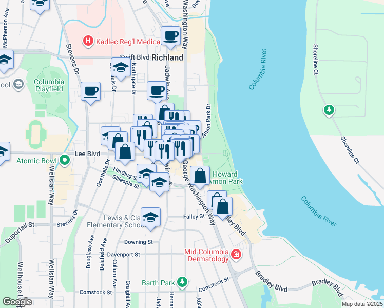 map of restaurants, bars, coffee shops, grocery stores, and more near 95 Lee Blvd in Richland