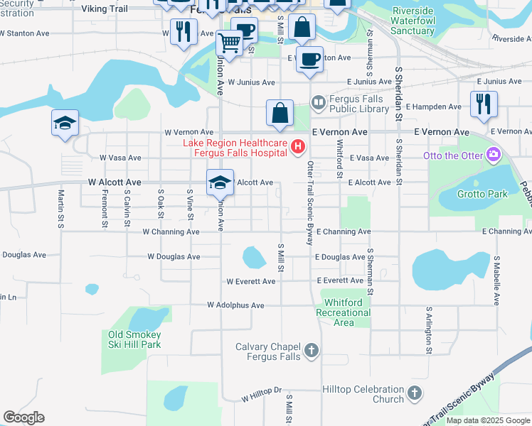map of restaurants, bars, coffee shops, grocery stores, and more near 113 West Bancroft Avenue in Fergus Falls