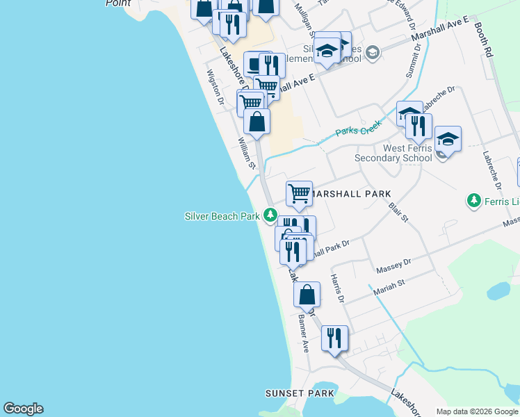 map of restaurants, bars, coffee shops, grocery stores, and more near 469 Lakeshore Drive in North Bay