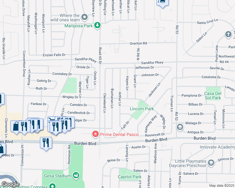 map of restaurants, bars, coffee shops, grocery stores, and more near 5306 Arthur Ln in Pasco
