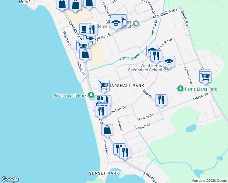 map of restaurants, bars, coffee shops, grocery stores, and more near 44 Ryan Avenue in North Bay
