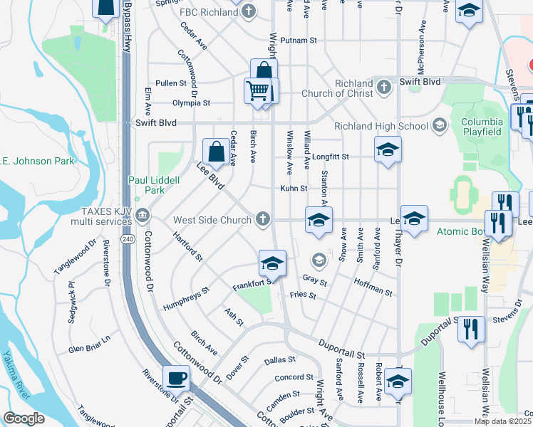 map of restaurants, bars, coffee shops, grocery stores, and more near 2104A Lee Boulevard in Richland