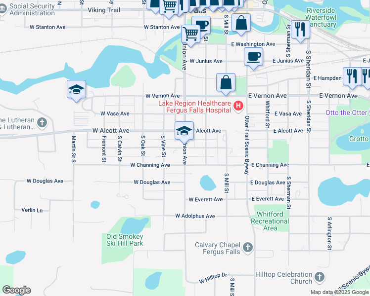 map of restaurants, bars, coffee shops, grocery stores, and more near 301 West Bancroft Avenue in Fergus Falls