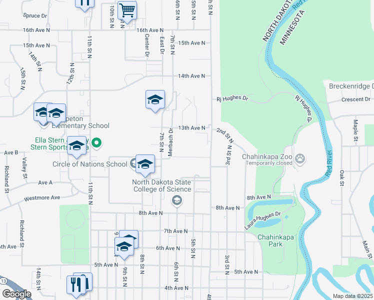 map of restaurants, bars, coffee shops, grocery stores, and more near 800 6th Street North in Wahpeton