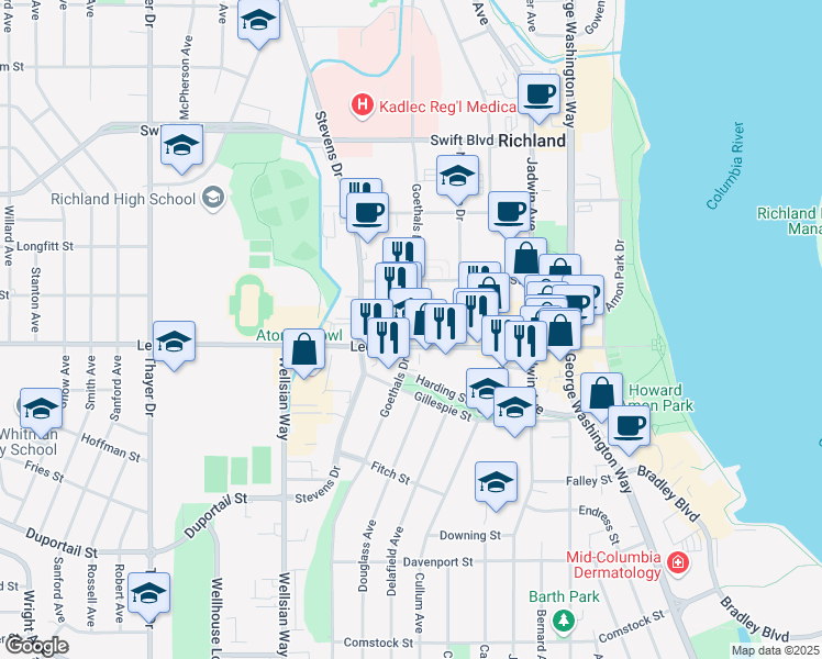 map of restaurants, bars, coffee shops, grocery stores, and more near 700 Goethals Drive in Richland