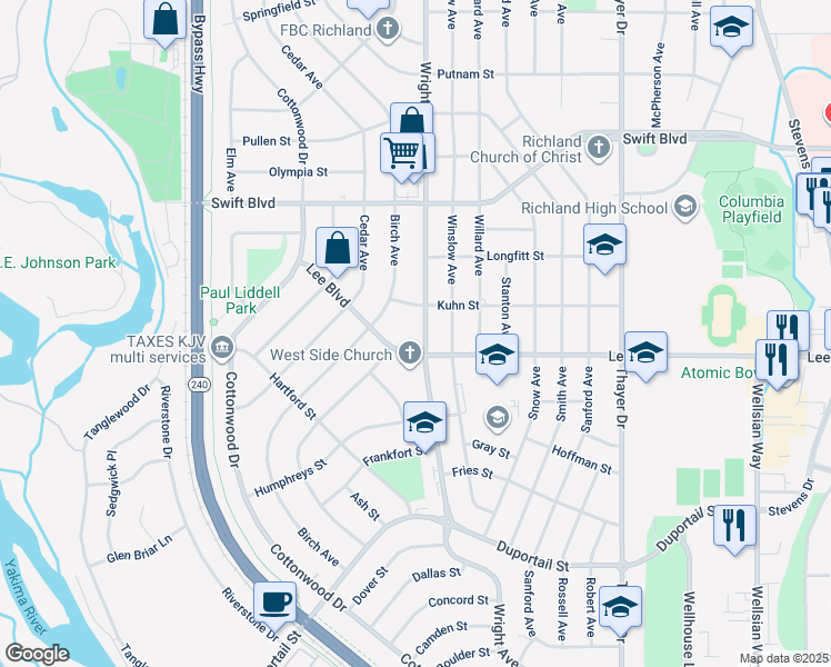 map of restaurants, bars, coffee shops, grocery stores, and more near 2104A Lee Boulevard in Richland