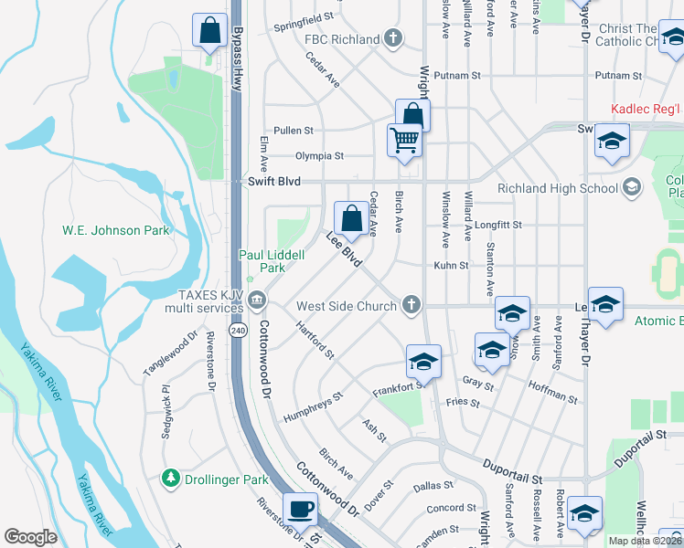 map of restaurants, bars, coffee shops, grocery stores, and more near 2300-2306 Lee Boulevard in Richland