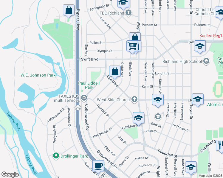map of restaurants, bars, coffee shops, grocery stores, and more near 2300-2306 Lee Boulevard in Richland