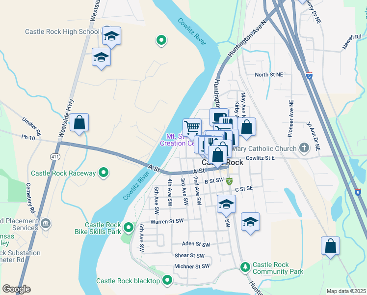 map of restaurants, bars, coffee shops, grocery stores, and more near 161 Leaming Avenue Northwest in Castle Rock