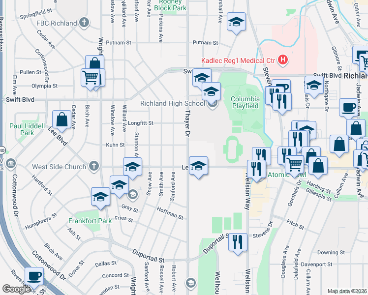 map of restaurants, bars, coffee shops, grocery stores, and more near 803 Thayer Drive in Richland