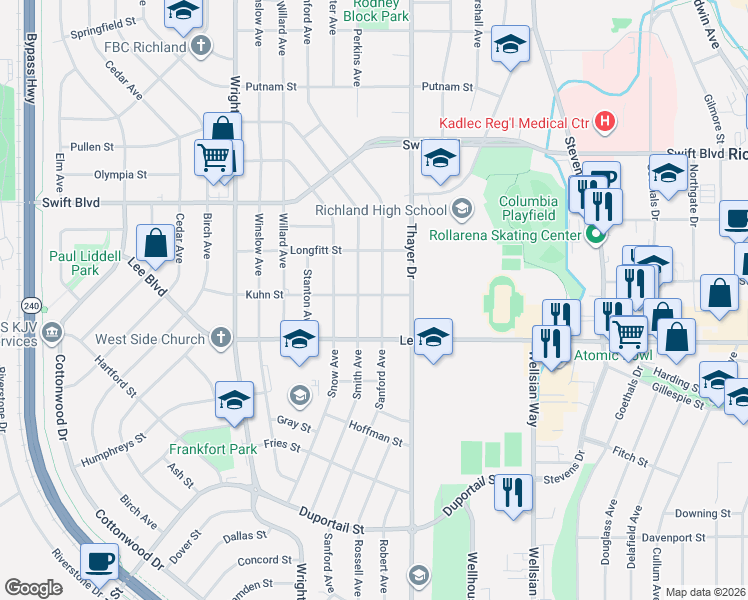 map of restaurants, bars, coffee shops, grocery stores, and more near 1510 Kuhn Street in Richland