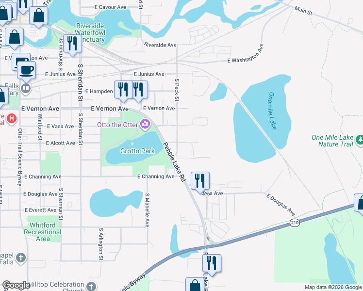 map of restaurants, bars, coffee shops, grocery stores, and more near 727 South Peck Street in Fergus Falls