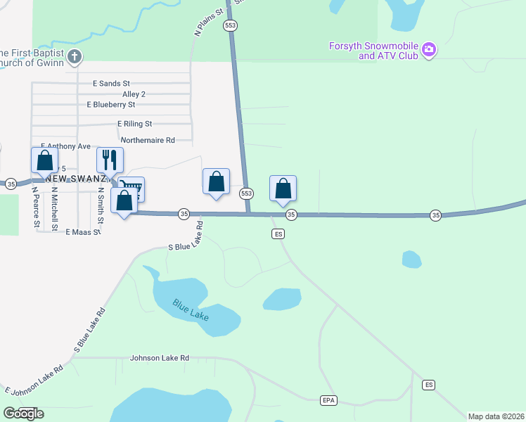 map of restaurants, bars, coffee shops, grocery stores, and more near Unnamed Road in Gwinn