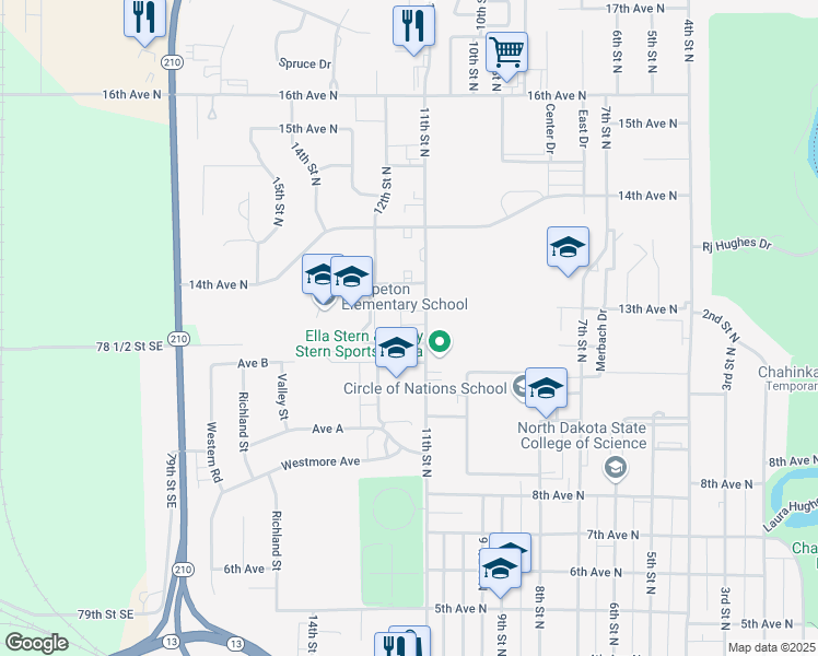 map of restaurants, bars, coffee shops, grocery stores, and more near 1205 11th Street North in Wahpeton