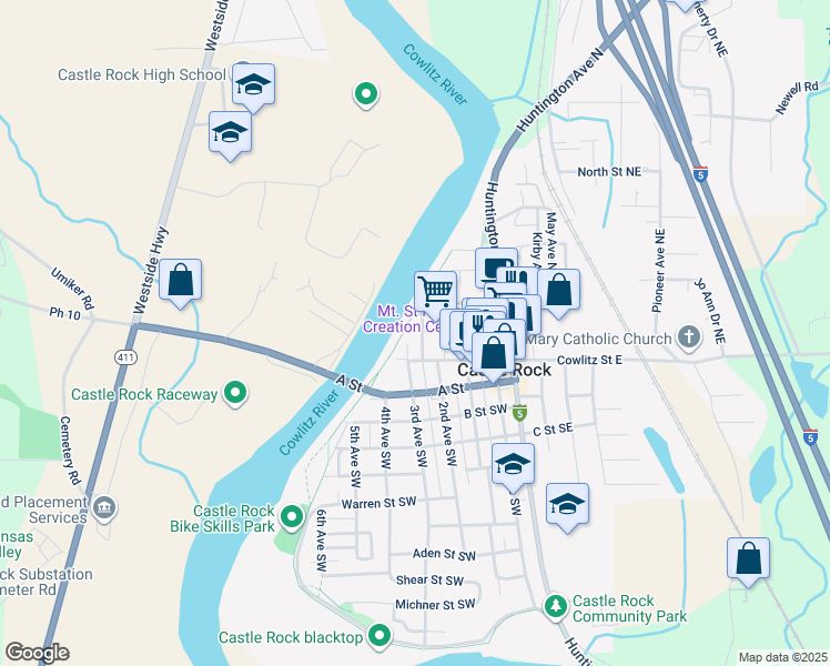 map of restaurants, bars, coffee shops, grocery stores, and more near 161 Leaming Avenue Northwest in Castle Rock