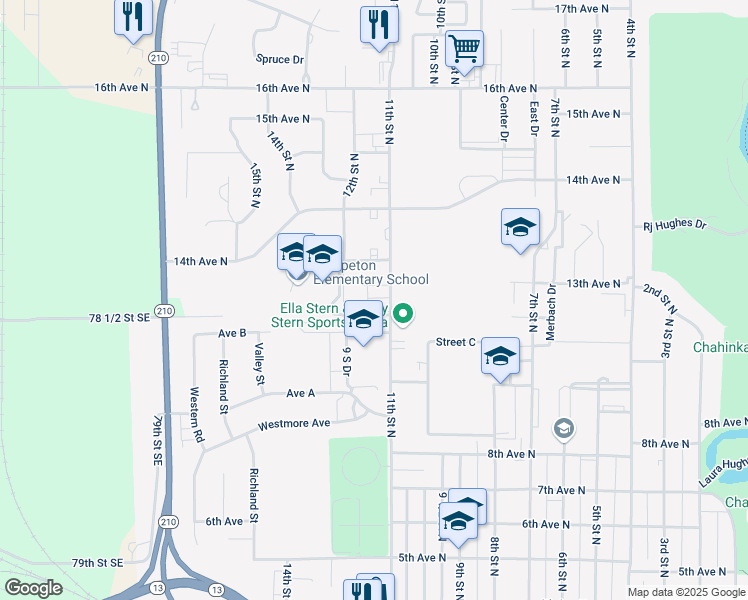 map of restaurants, bars, coffee shops, grocery stores, and more near 1307 11th Street North in Wahpeton