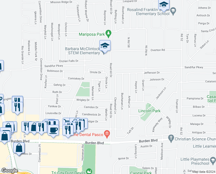 map of restaurants, bars, coffee shops, grocery stores, and more near 5407 Oriole Lane in Pasco