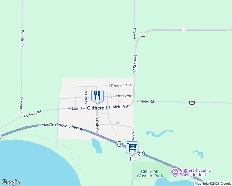 map of restaurants, bars, coffee shops, grocery stores, and more near 301 East Pleasant Avenue in Clitherall