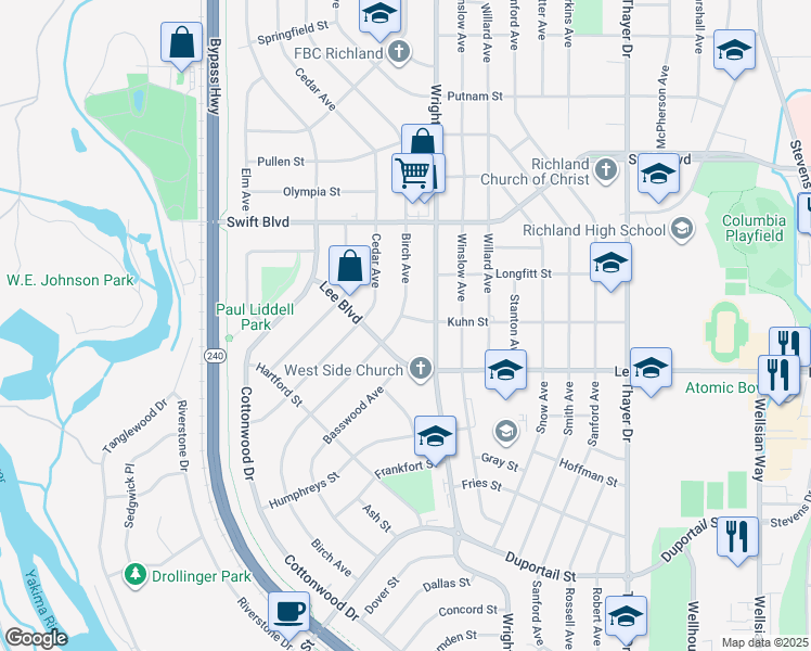 map of restaurants, bars, coffee shops, grocery stores, and more near 708 Birch Avenue in Richland