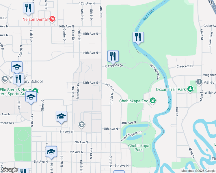 map of restaurants, bars, coffee shops, grocery stores, and more near 870 2nd Street North in Wahpeton