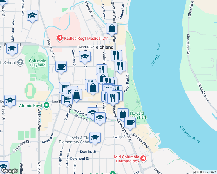 map of restaurants, bars, coffee shops, grocery stores, and more near 503 Knight Street in Richland