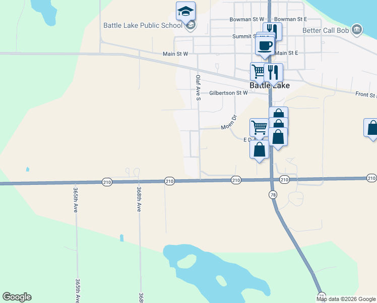 map of restaurants, bars, coffee shops, grocery stores, and more near 21635 Schumacher Drive in Battle Lake