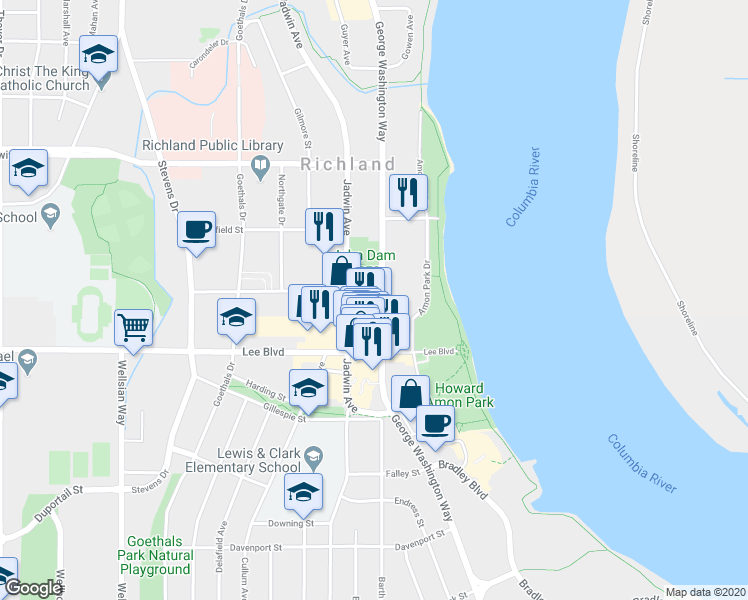 map of restaurants, bars, coffee shops, grocery stores, and more near 503 Knight Street in Richland