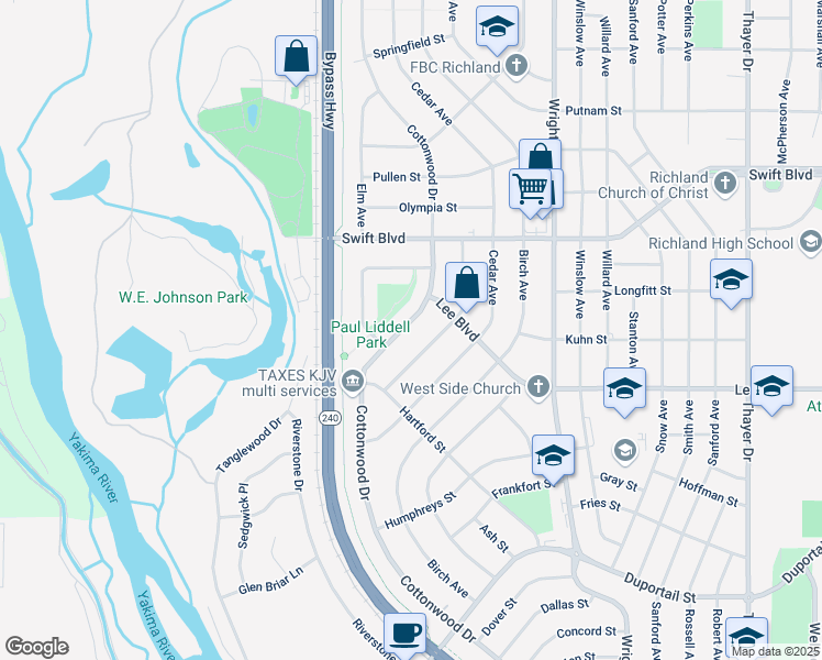 map of restaurants, bars, coffee shops, grocery stores, and more near 653 Cottonwood Dr in Richland
