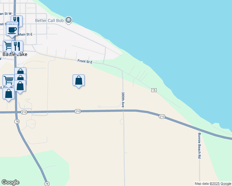map of restaurants, bars, coffee shops, grocery stores, and more near 21599 380th Avenue in Battle Lake