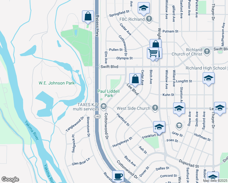 map of restaurants, bars, coffee shops, grocery stores, and more near 653 Cottonwood Drive in Richland