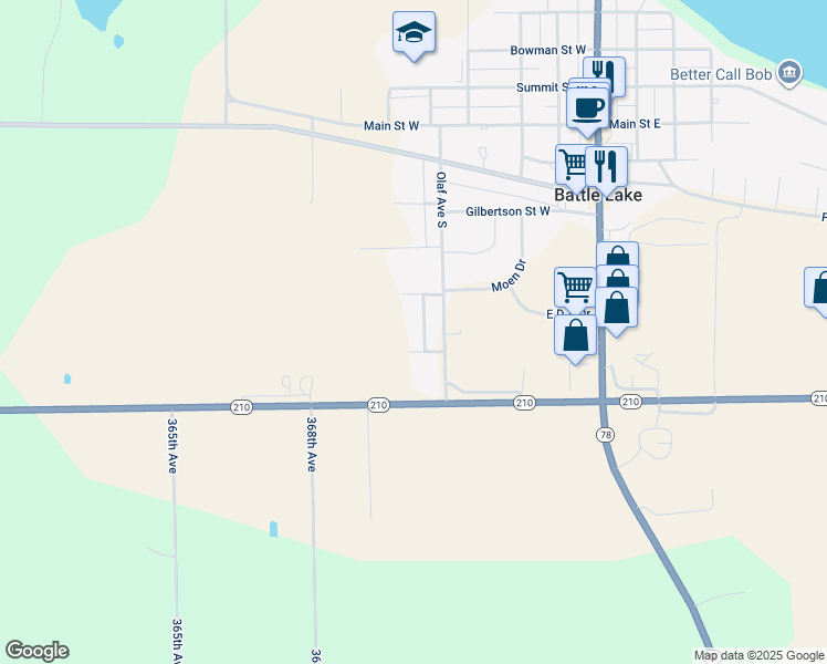 map of restaurants, bars, coffee shops, grocery stores, and more near 21635 Schumacher Drive in Battle Lake