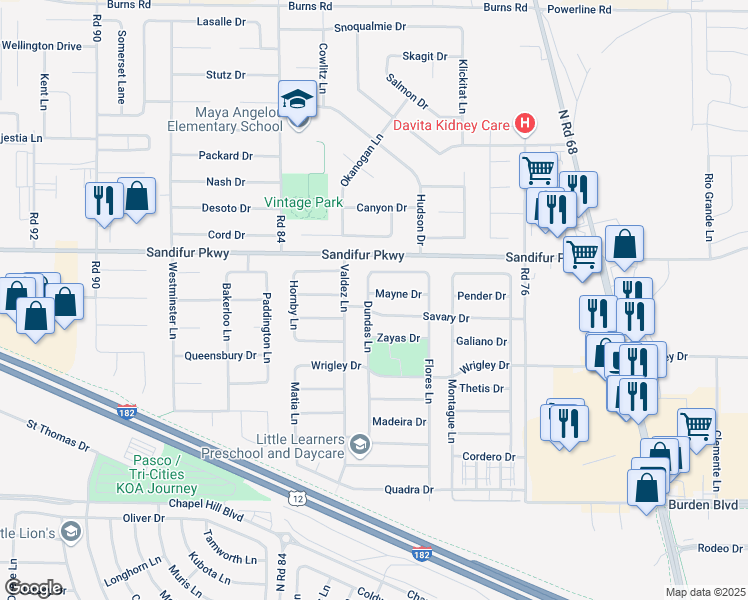 map of restaurants, bars, coffee shops, grocery stores, and more near 8016 Mayne Drive in Pasco
