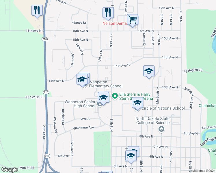 map of restaurants, bars, coffee shops, grocery stores, and more near 1307 11th Street North in Wahpeton