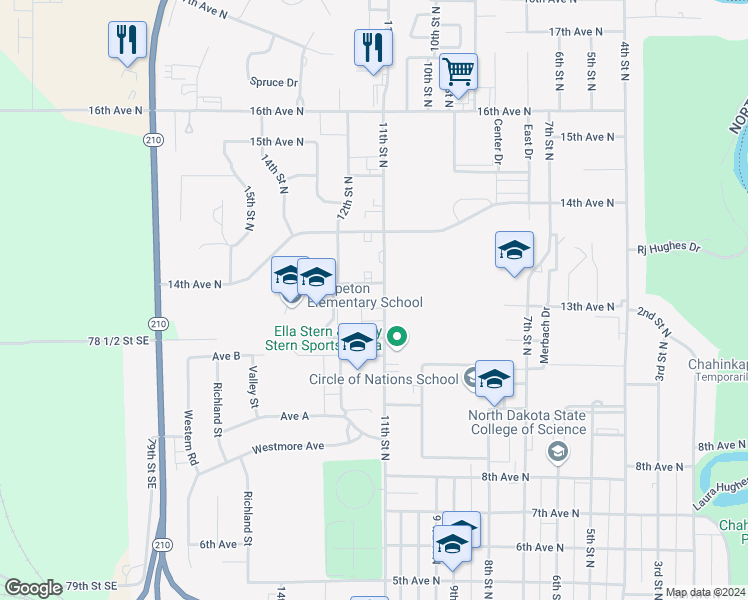 map of restaurants, bars, coffee shops, grocery stores, and more near 1311 11th Street North in Wahpeton