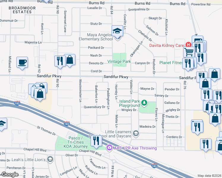 map of restaurants, bars, coffee shops, grocery stores, and more near 5411 Paddington Ln in Pasco