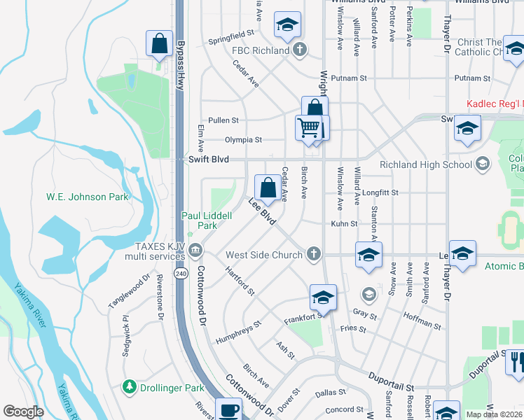 map of restaurants, bars, coffee shops, grocery stores, and more near 2306 Lee Boulevard in Richland