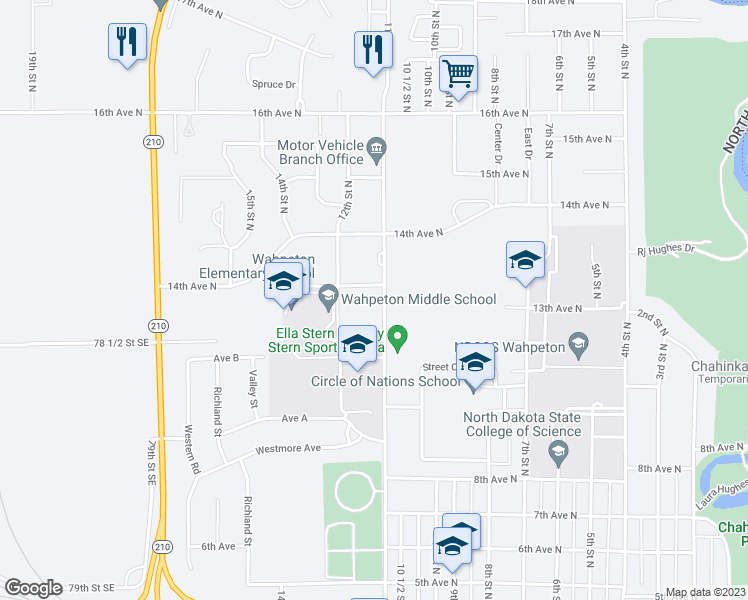 map of restaurants, bars, coffee shops, grocery stores, and more near 1305 11th Street North in Wahpeton