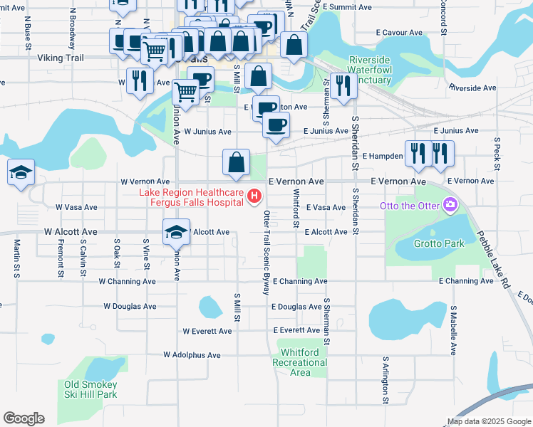 map of restaurants, bars, coffee shops, grocery stores, and more near 708 South Cascade Street in Fergus Falls