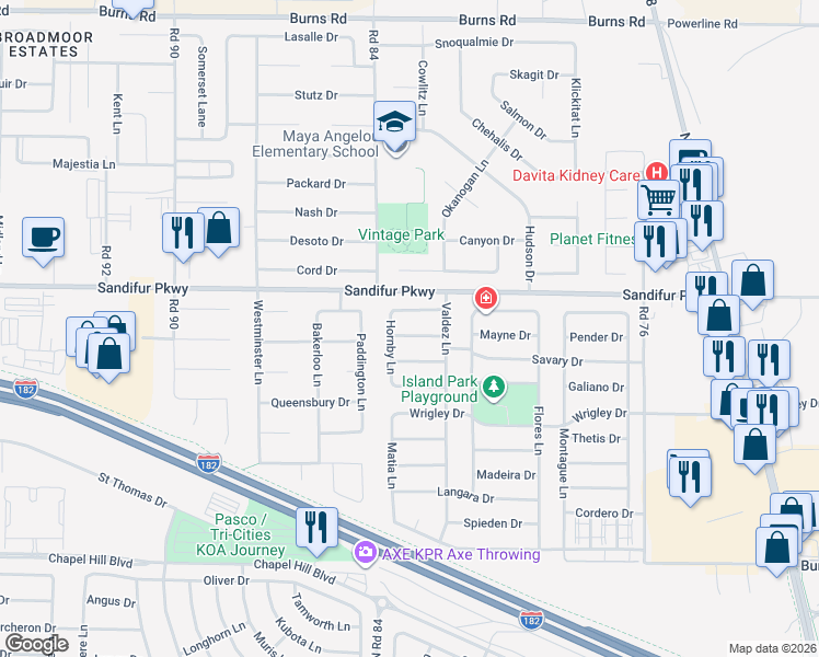 map of restaurants, bars, coffee shops, grocery stores, and more near 8308 Orcas Drive in Pasco