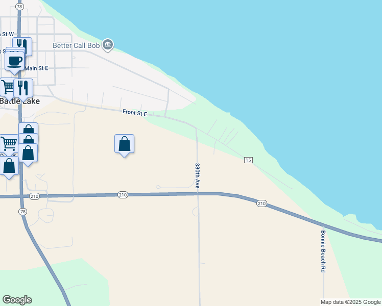 map of restaurants, bars, coffee shops, grocery stores, and more near 21599 380th Avenue in Battle Lake
