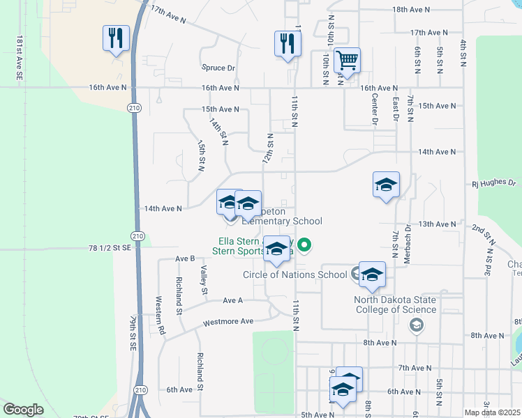 map of restaurants, bars, coffee shops, grocery stores, and more near 1209 Loy Avenue in Wahpeton