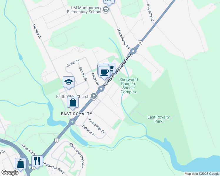 map of restaurants, bars, coffee shops, grocery stores, and more near Parkman Drive in Charlottetown