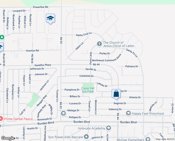 map of restaurants, bars, coffee shops, grocery stores, and more near Sandifur Parkway in Pasco