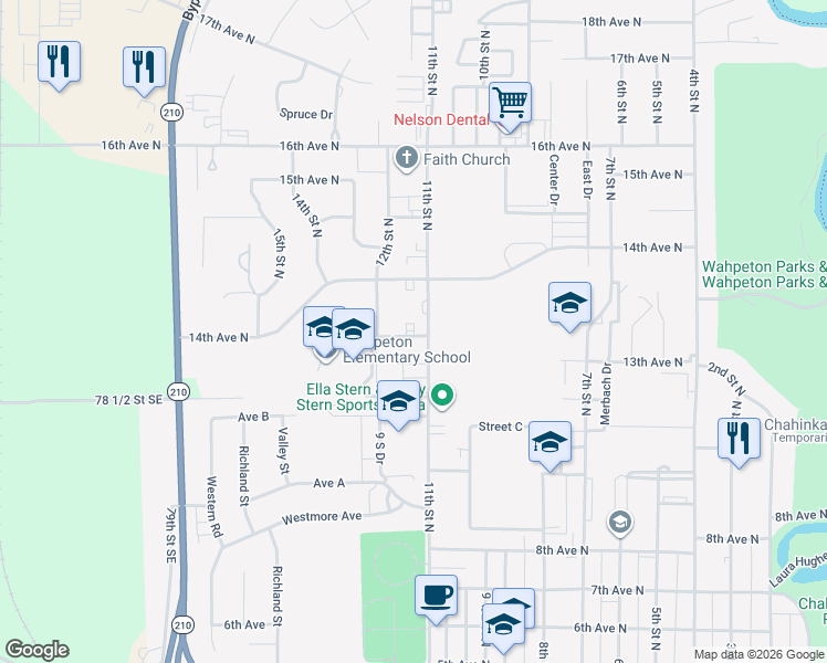 map of restaurants, bars, coffee shops, grocery stores, and more near 1110 Loy Avenue in Wahpeton