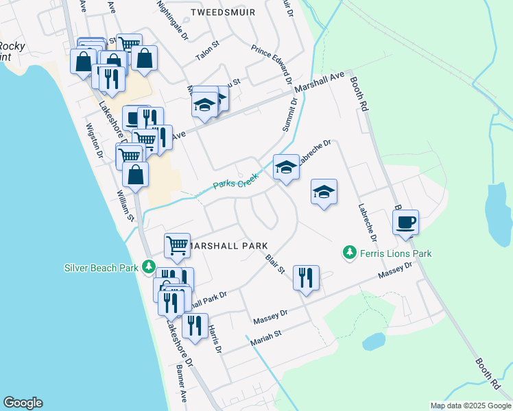 map of restaurants, bars, coffee shops, grocery stores, and more near 4 Kodiak Crescent in North Bay